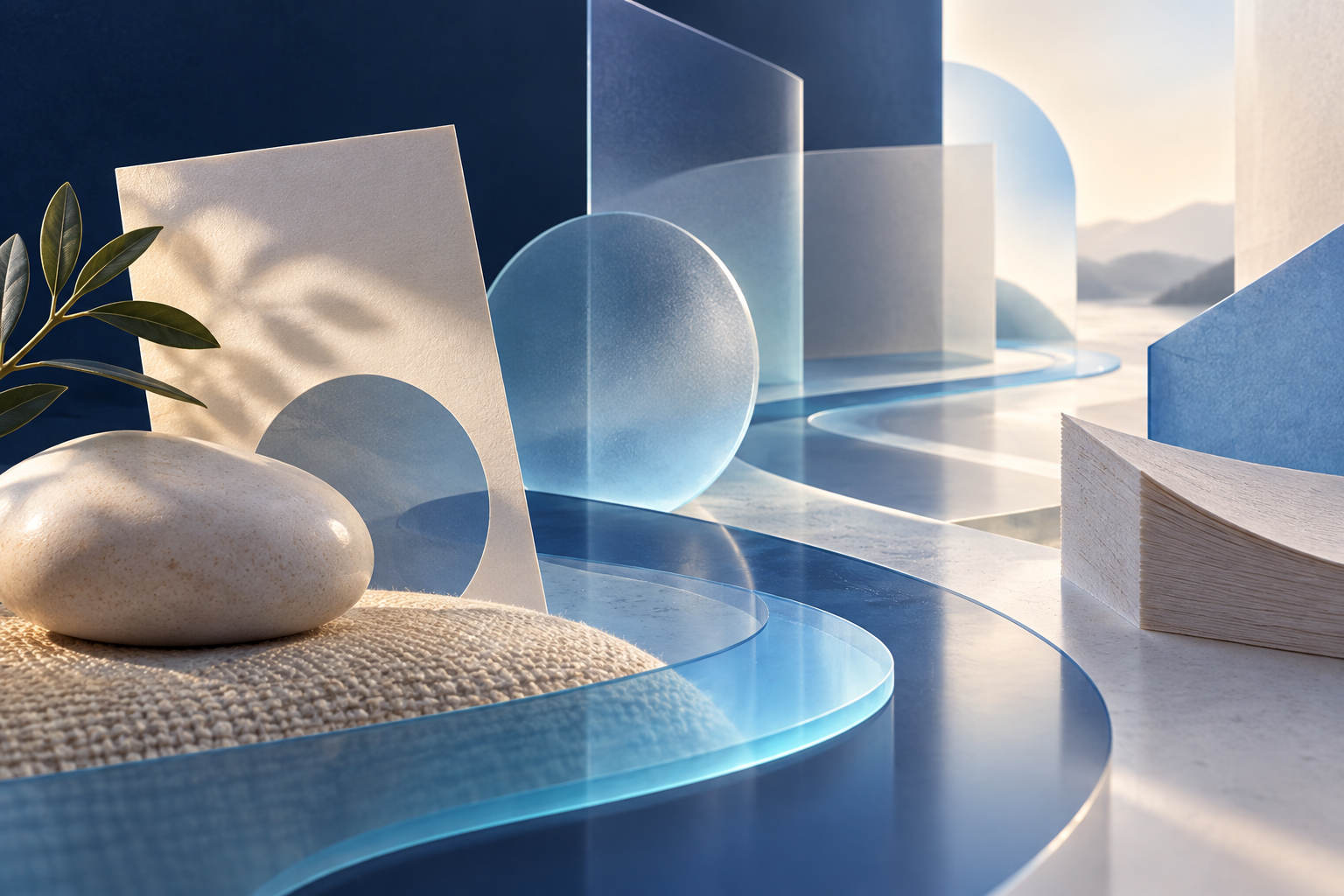 Layered glass and luminous pathways representing approachable AI